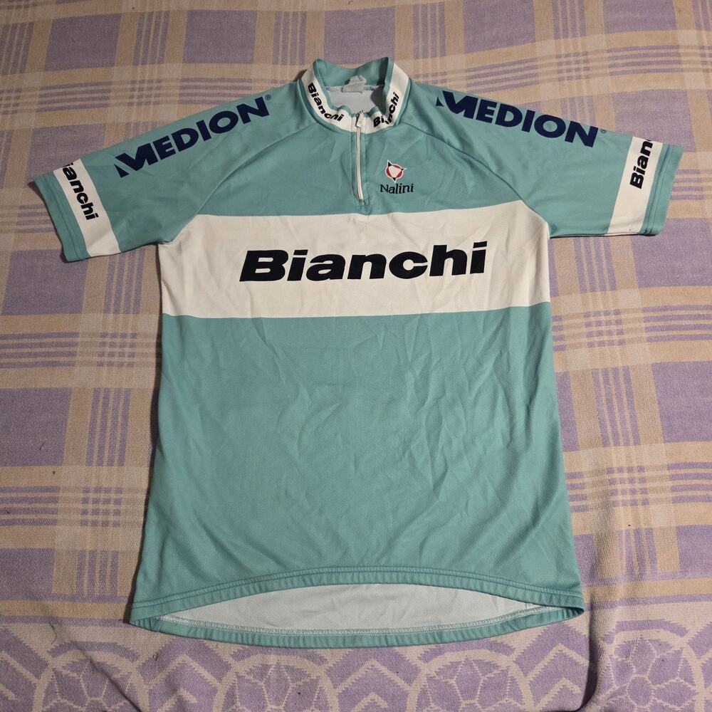 Vintage Bianchi Cycling Jersey Mens Shirt Zip Rare Medion Nalini Neck